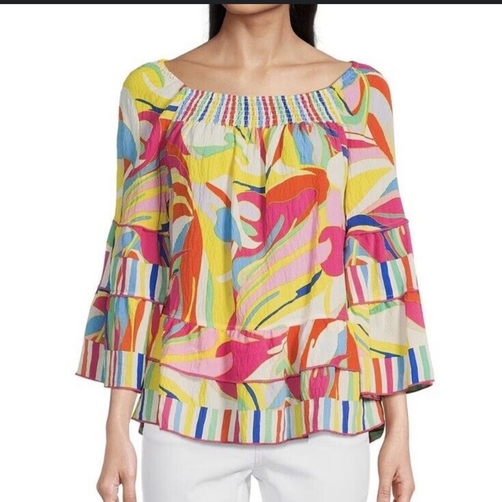 John Mark Multicolor Abstract Waves Smocked Ruffle Hem Shirt Size S